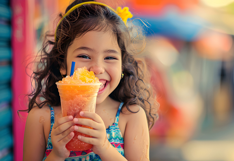 Child happily holds a refreshing slushy eagerly anticipating the